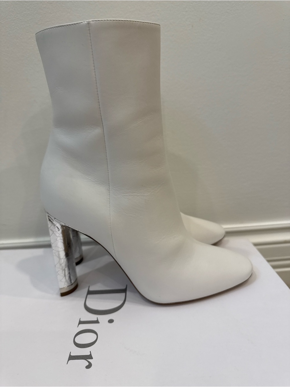 Dior White Lambskin Ankle Boots Silver Mirror Heel EU37 Luxury Booties Worn Once